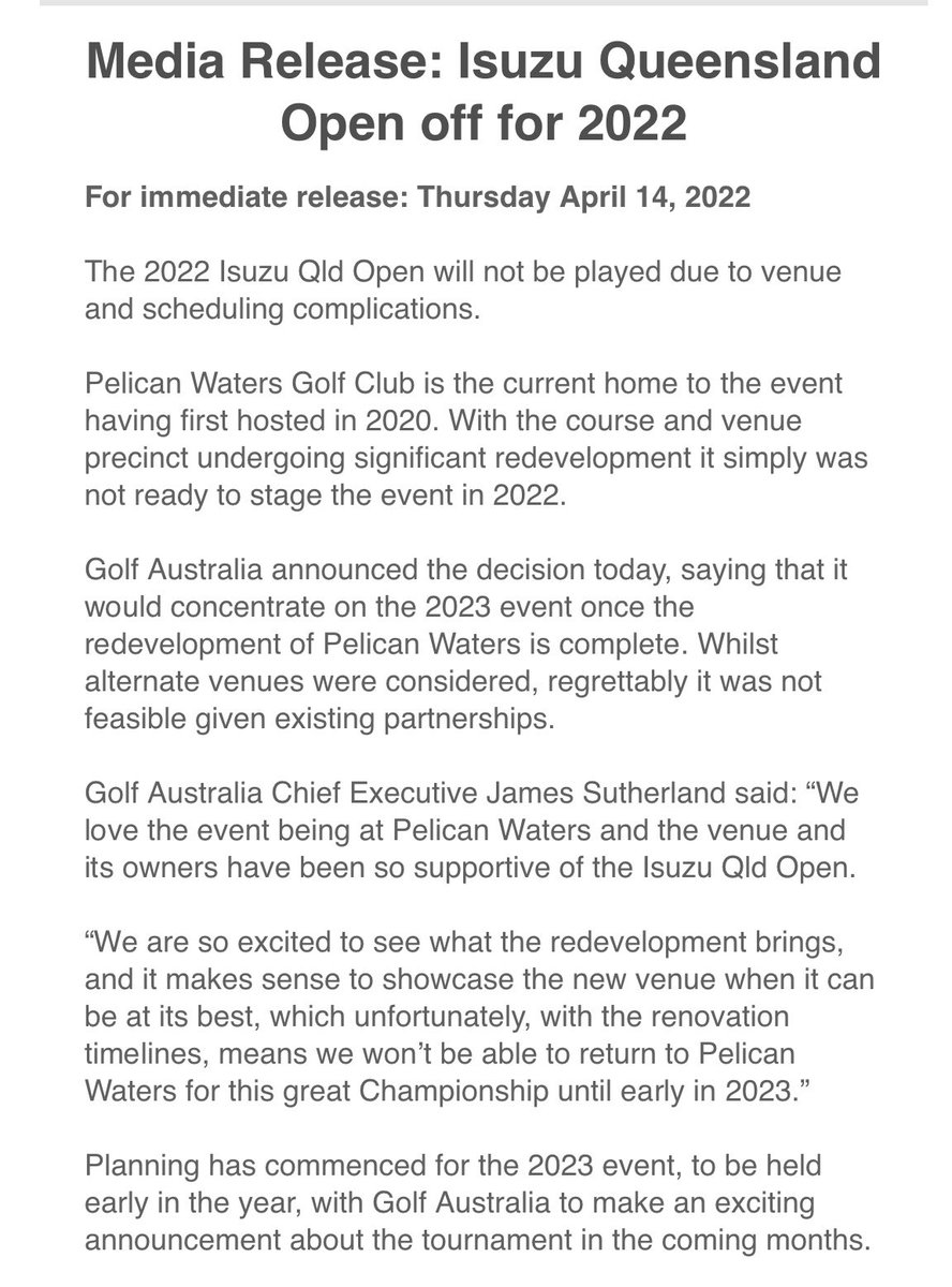 zanofc's tweet photo. Sad news for @PGAofAustralia golfers with the loss of one of their tour events for 2022!
No #QldOpen in 2022 with Pelican Waters unable to get the course ready in time.
The Greg Norman designed layout has undergone extensive changes in last 12 months. https://t.co/Qy8IcbCYeB
