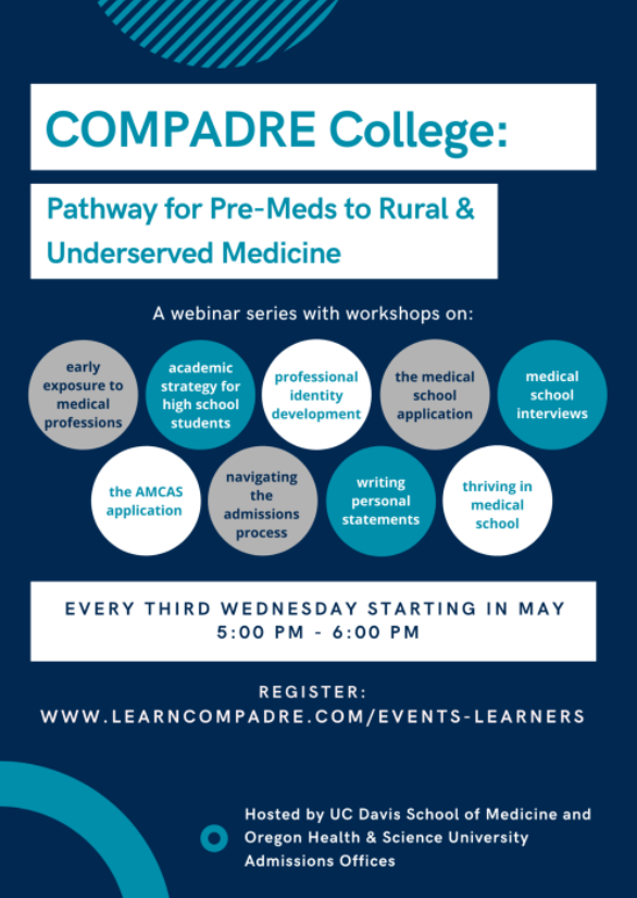 NancyGalindo202's tweet photo. Have you heard about COMPADRE? COMPADRE aims to recruit learners that want to address physician shortages in underserved urban, rural, and tribal communities that result in health disparities due to community members’ limited access to adequate health care #premed #pathwayprogram https://t.co/G47pHizixM