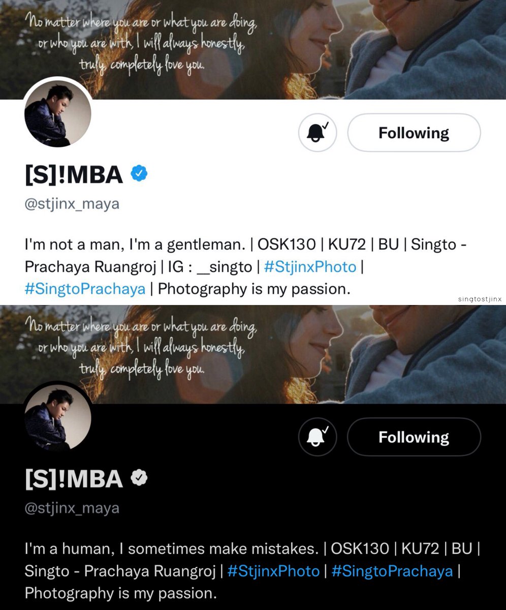 singtostjinx's tweet photo. singto changed his twt bio 🥺 #SingtoPrachaya  

“I’m not a man, I’m a gentleman.”
“I’m a human, I sometimes make mistakes.” https://t.co/eCOTCamNnG