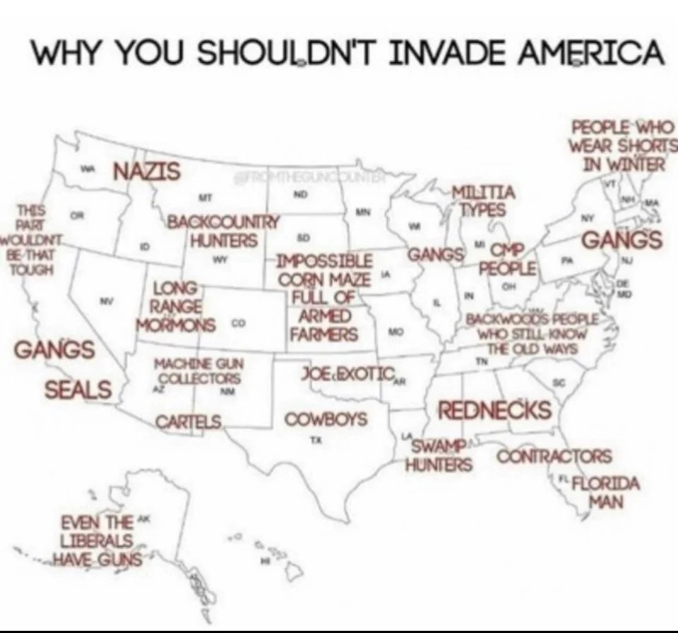 He's right, the Carolinas have shown many invaders some grief, but there are very few places in America I would want to conduct operations. Map attached for reference