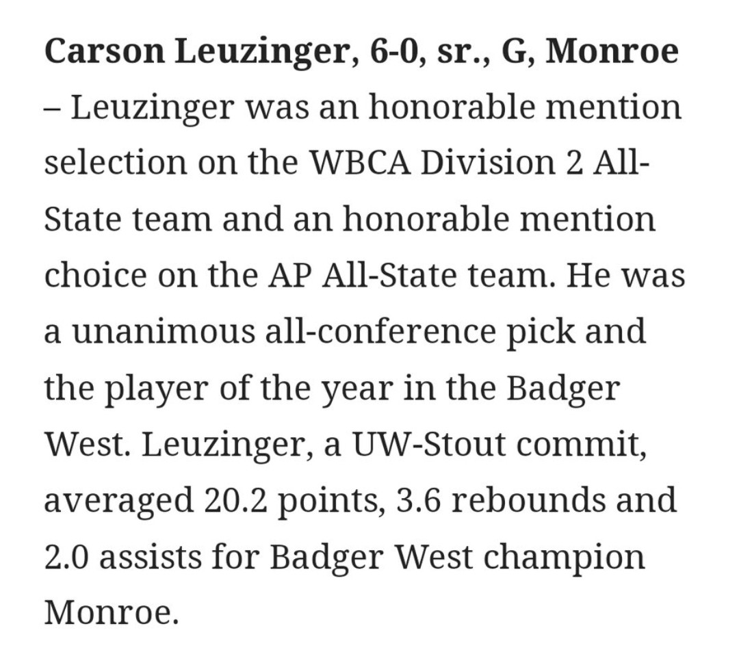 Congrats <a href="/leuzing12/">Carson Leuzinger</a> on being named 1st team All Area by the Wisconsin State Journal.