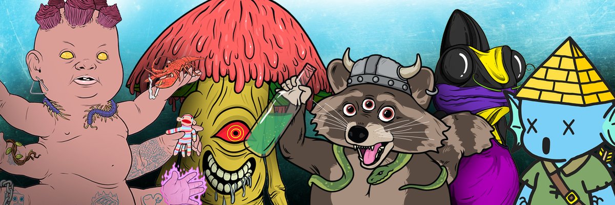 New profile header pic with some of my favs — @toddlerpillars @ShroomFolkNFT @TrashPandaTribe @Chameleon_NFT @fishyfamNFT 
👶🍄🦝🦎🐟

#FishyFam #fishyfollowfishy #ChamFam