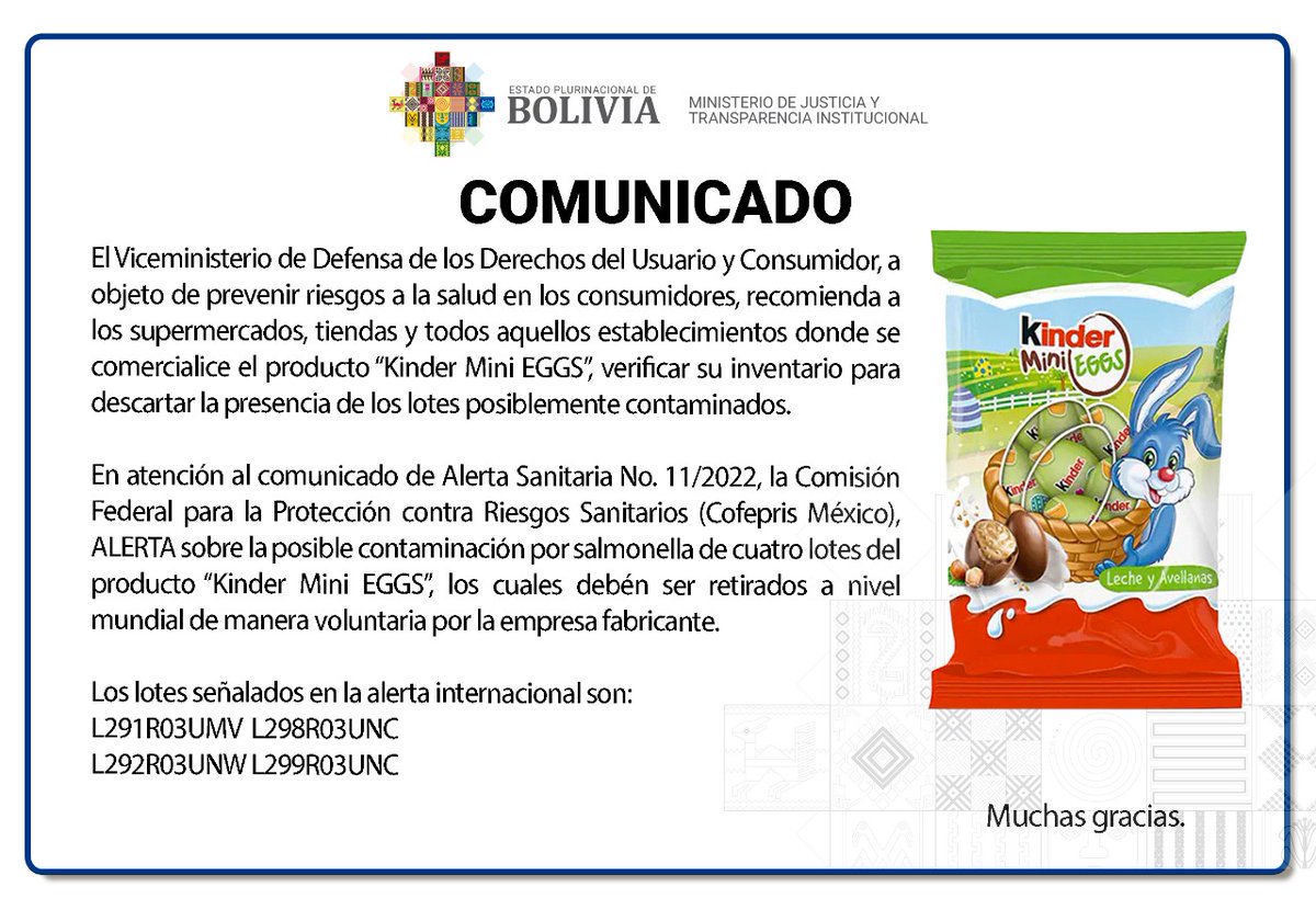 JohnArandia's tweet photo. Papás y mamás mucho cuidado con estos huesos de Pascua "Kinder Mini Eggs"
Autoridades alertan posible contaminación de este producto. https://t.co/UuiWv26pdL