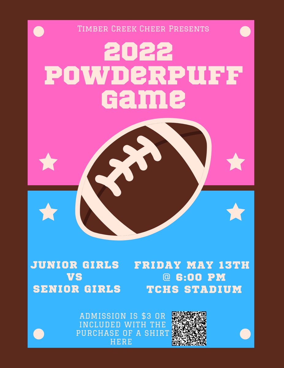 ATTENTION! POWDERPUFF IS BACK!
Girl football players and boy cheerleaders see Coach Henley, Fickle, or Hickman for participant forms. Tickets for the game are $3 at the gate or included with the purchase of a tshirt. <a href="/TC_Cheer_/">Timber Creek Cheer</a> @TCHSTalon