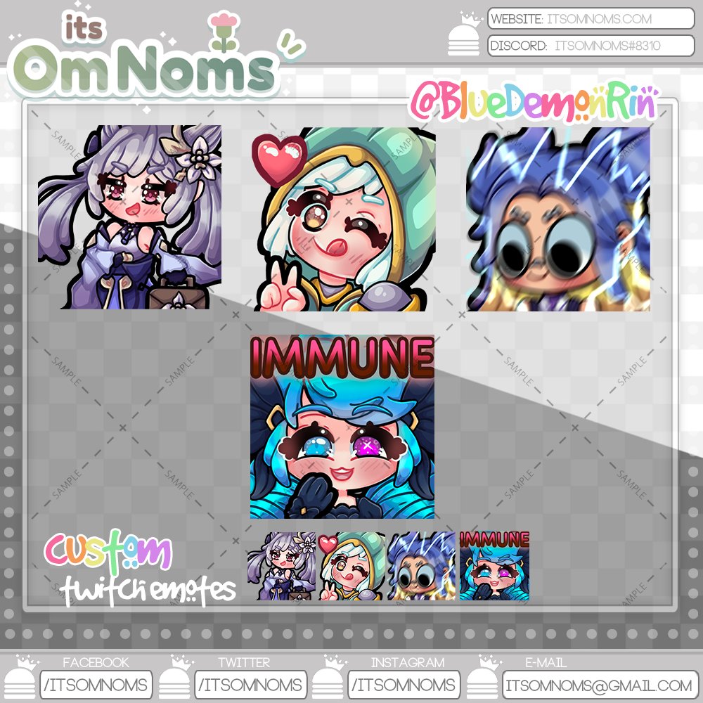itsOmNoms's tweet photo. Commission for @/TheBlueDemonRin from Twitter. I was able to draw his #Vtuber and some other characters as emotes!

Doing a #chibi or #emote giveaway at 500 followers! 

RTs + Likes appreciated https://t.co/8qjVXmXrlu