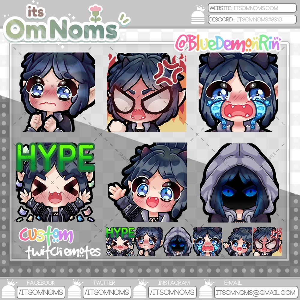 itsOmNoms's tweet photo. Commission for @/TheBlueDemonRin from Twitter. I was able to draw his #Vtuber and some other characters as emotes!

Doing a #chibi or #emote giveaway at 500 followers! 

RTs + Likes appreciated https://t.co/8qjVXmXrlu