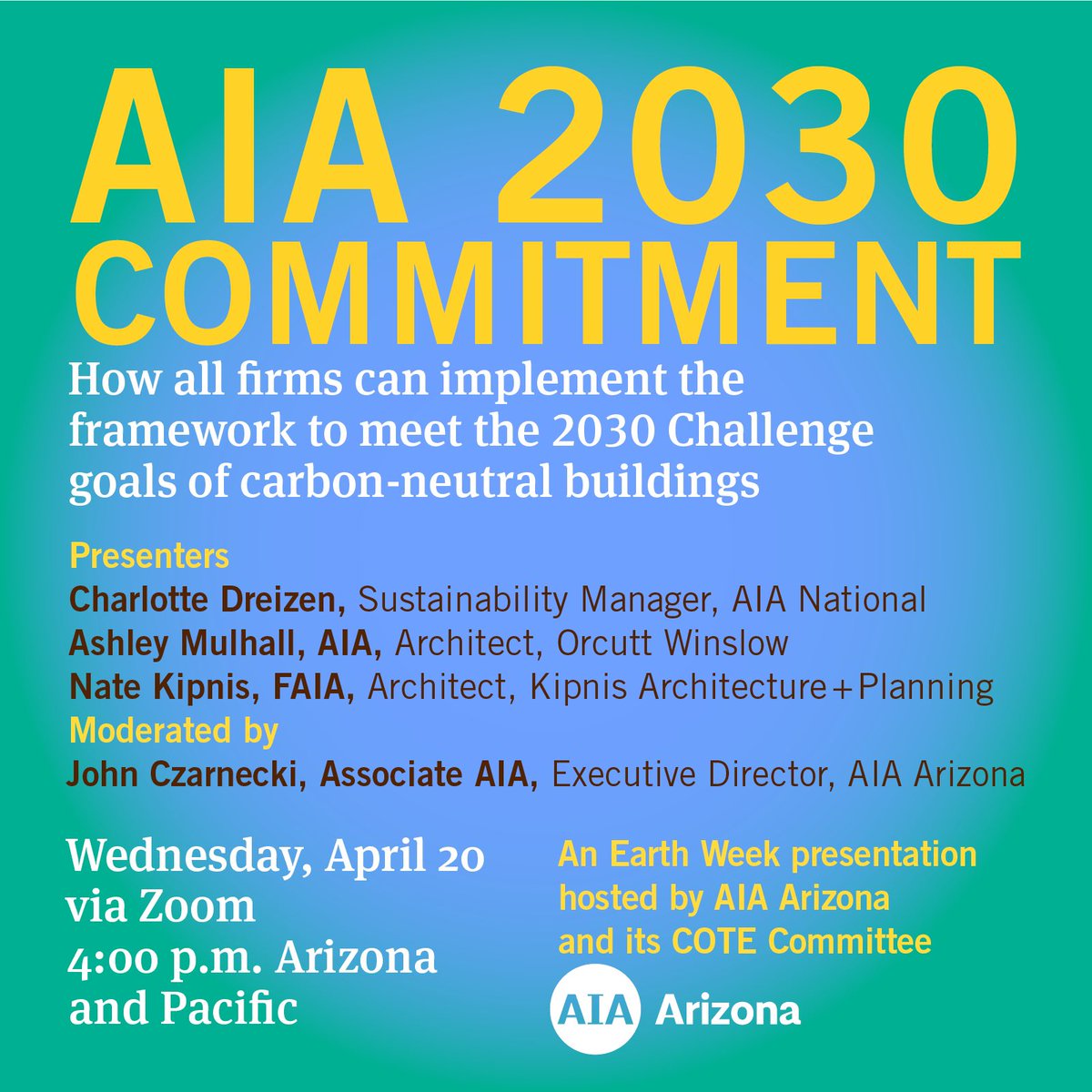 Want to learn more about the AIA 2030 Commitment? Attend this Earth Week session next Wednesday, April 20. Attendees of live session receive 1.0 HSW LU from AIA. Session is free to attend but registration is required here: lnkd.in/eER5DFwH  #aia #architect #architecture