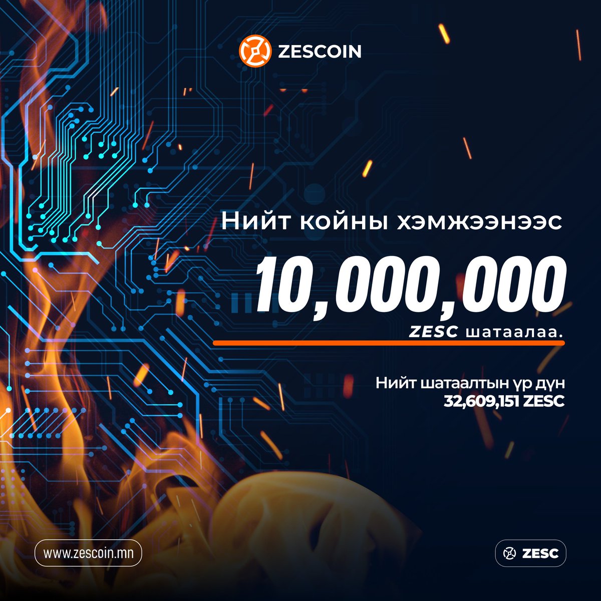 Zescoin_'s tweet photo. Зэскойн шатаалтын мэдээ
Нийт Зэскойны хэмжээнээс 10,000,000 койныг амжилттай шатаалаа.
Тун удахгүй нээлтээ хийх Melon платформын экосистемийг дэмжих, Зэскойны үнэ цэнийг нэмэгдүүлэх зорилгоор цаашид ч тогтмол шатаалт хийгдэнэ.#ZesCoin #ZesCoin #ZesC #Hodl #ZesCoinWallet #Melon https://t.co/Q9DixFrZ2O