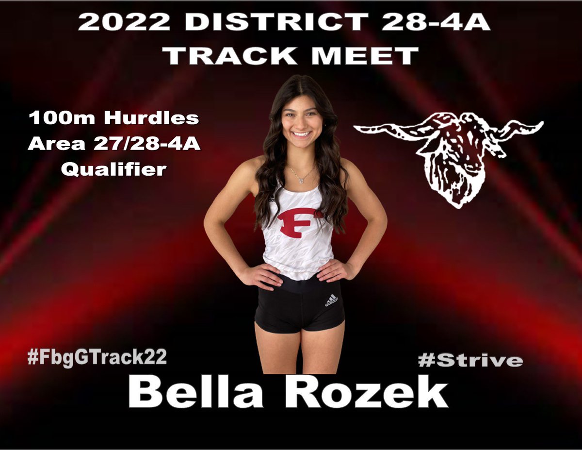 FredTrack's tweet photo. Qualifying for the Area Track Meet from District 28-4A for #FbgGTrack22 in the Varsity 100Hurdles placing 2nd is Bella Rozek and placing 4th is Minot Frantzen! Placing 5th is Cameran Whiting. 14 points for the team! #Strive https://t.co/ysBG7T1xi5