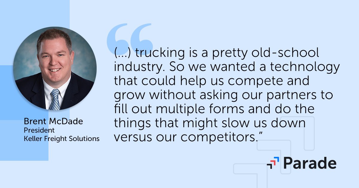 paradeai's tweet image. Brent McDade  shares how Parade enables Keller Freight Solutions  to grow and gain a competitive advantage. Request a demo from our team to see how Parade can benefit your brokerage! parade.ai 

#Parade #ParadeAI #freightbroker #freight #freighttech