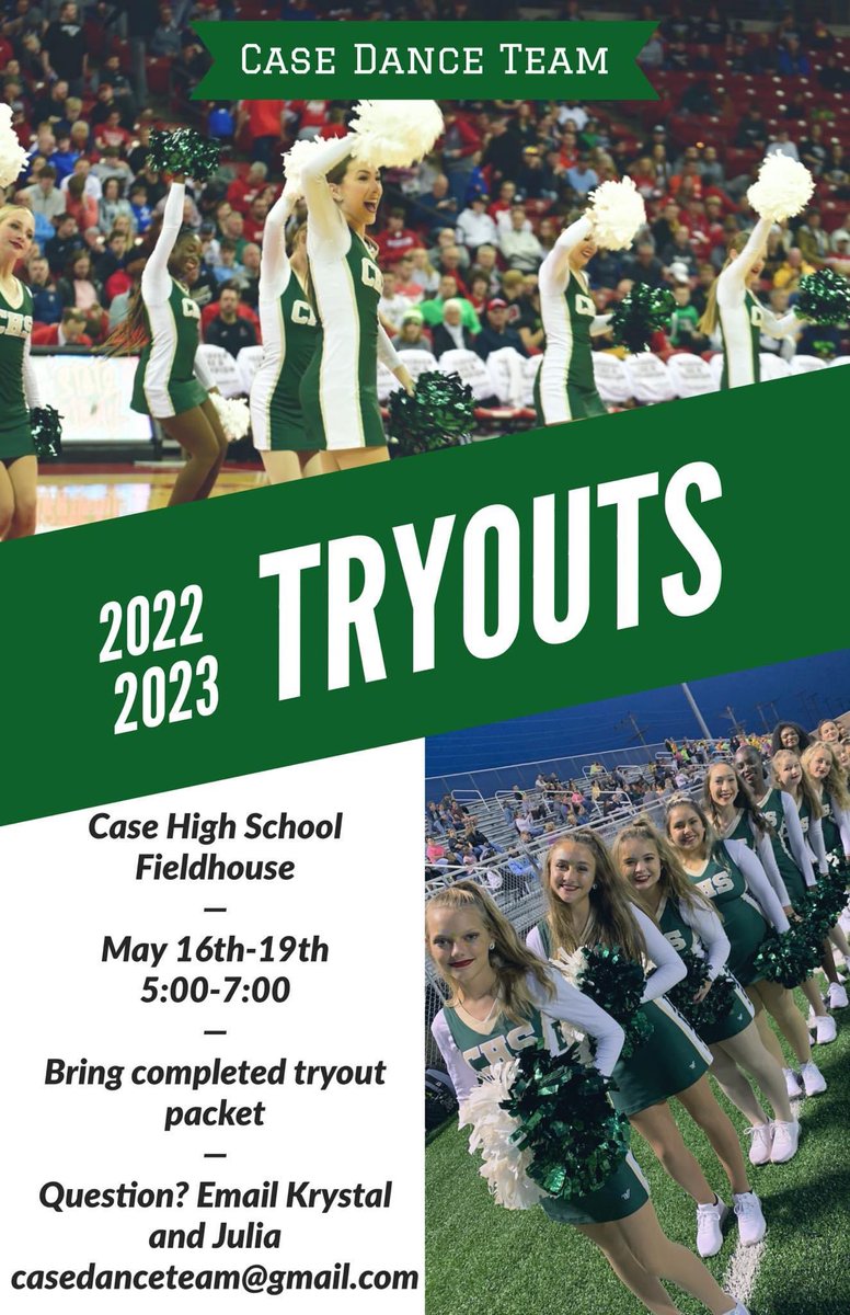 MARK YOUR CALENDARS!!! We have set the dates for the 2022/2023 Case Dance Team auditions!

Tryout packets are available at your schools main office or email Coaches Krystal and Julia at casedanceteam@gmail.com!