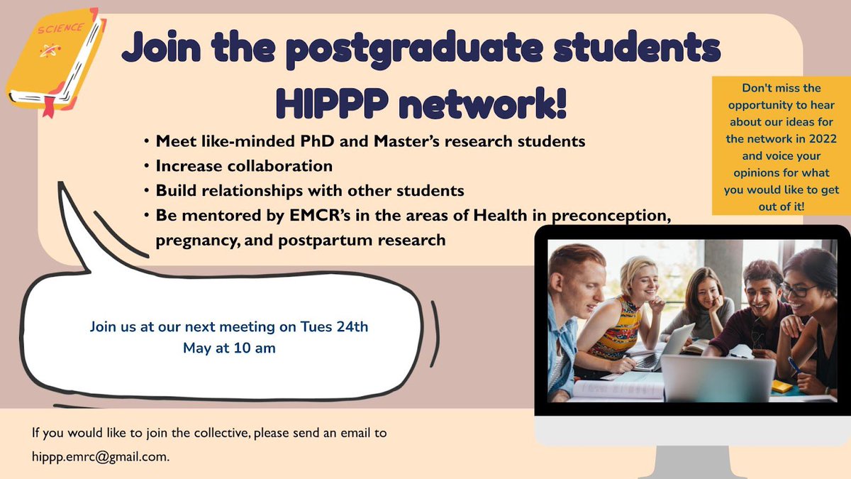 ** Please share **

Calling all PhD and other postgraduate students interested in health in #preconception #pregnancy #postpartum to sign up to our postgraduate network!

Complete the form here: bit.ly/3uCJ9Zw