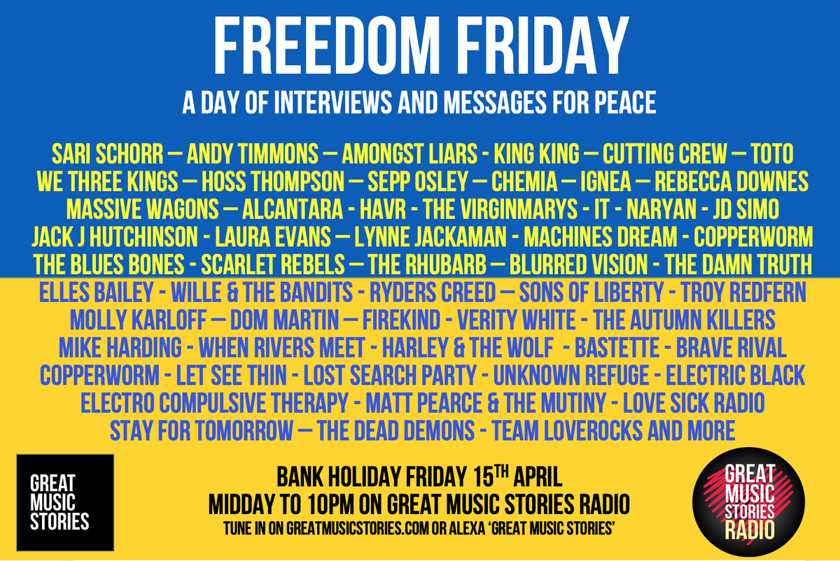 A 10-hour run, Friday from midday on greatmusicstories.com as 50+ artists come tother with a message for peace & freedom. @B_V_Music @13_Stars1 @wethreekings_ @DeadBlondeStars @deaddemons2020 @EllesBailey @SariSchorr @Chemiaband @ignea_band @amongstliars @mattpearceuk & more