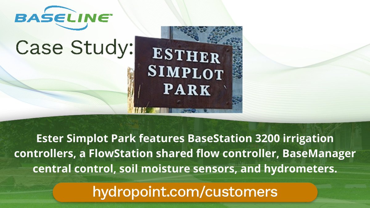 Water_Geeks's tweet image. Ester Simplot Park features BaseStation 3200 irrigation controllers, a FlowStation shared flow controller, BaseManager central control, soil moisture sensors, and hydrometers.

Learn more: bit.ly/2VdRovQ

#baseline_irrigation #hydropoint #smartwatermanagement #irrigation