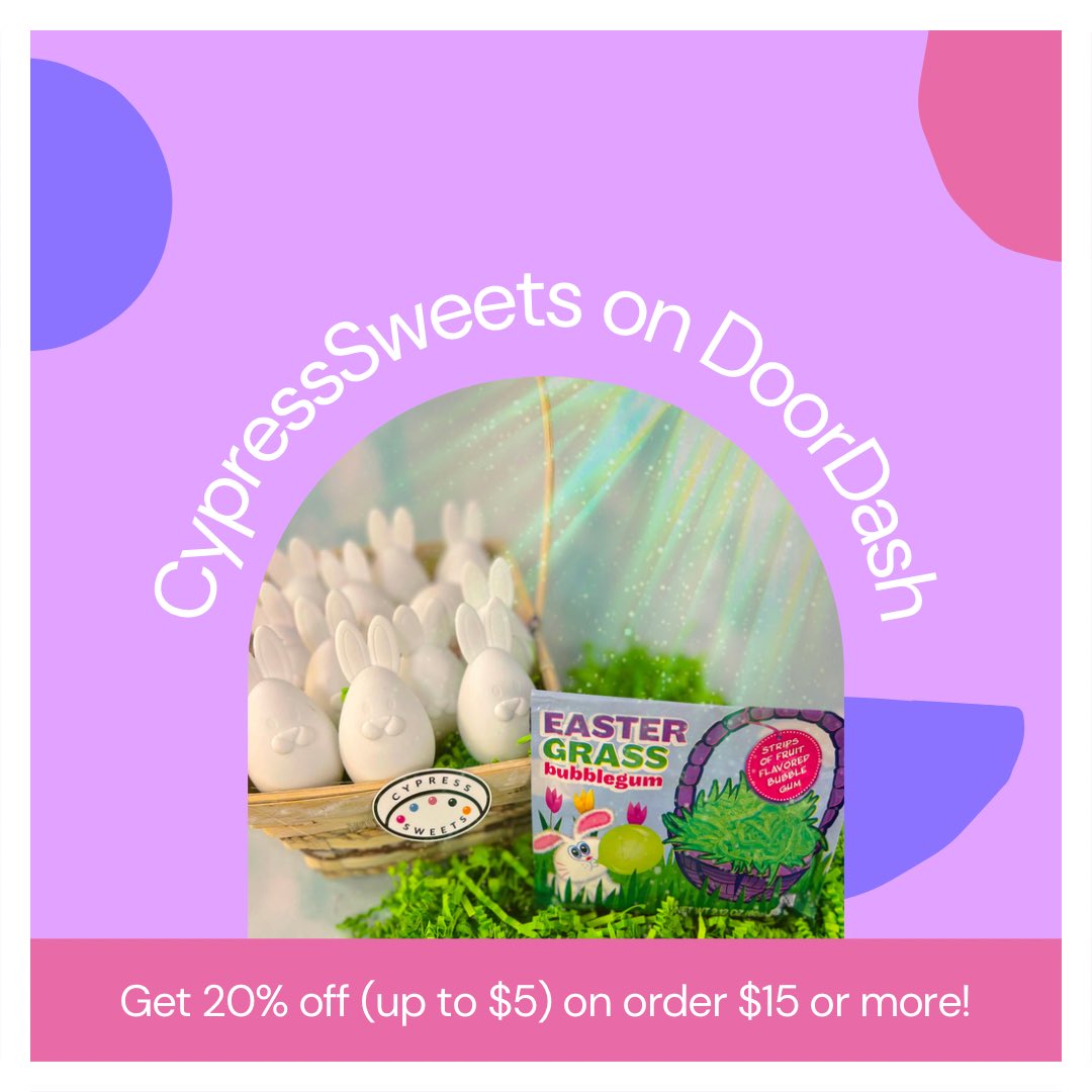 CypressSweets's tweet image. Sweet Deal! Get 20% off (up to $5) on your order of $15 or more from Cypress Sweets via @DoorDash! 

You can also come #candycraft with us, shop in-store, or online 24/7 - link in bio!

🪀🚂🧸
Store Hours:
Monday-Thursday 10a-8p
Friday-Saturday 10a-9p
Sunday 12-6p
#doordashcode