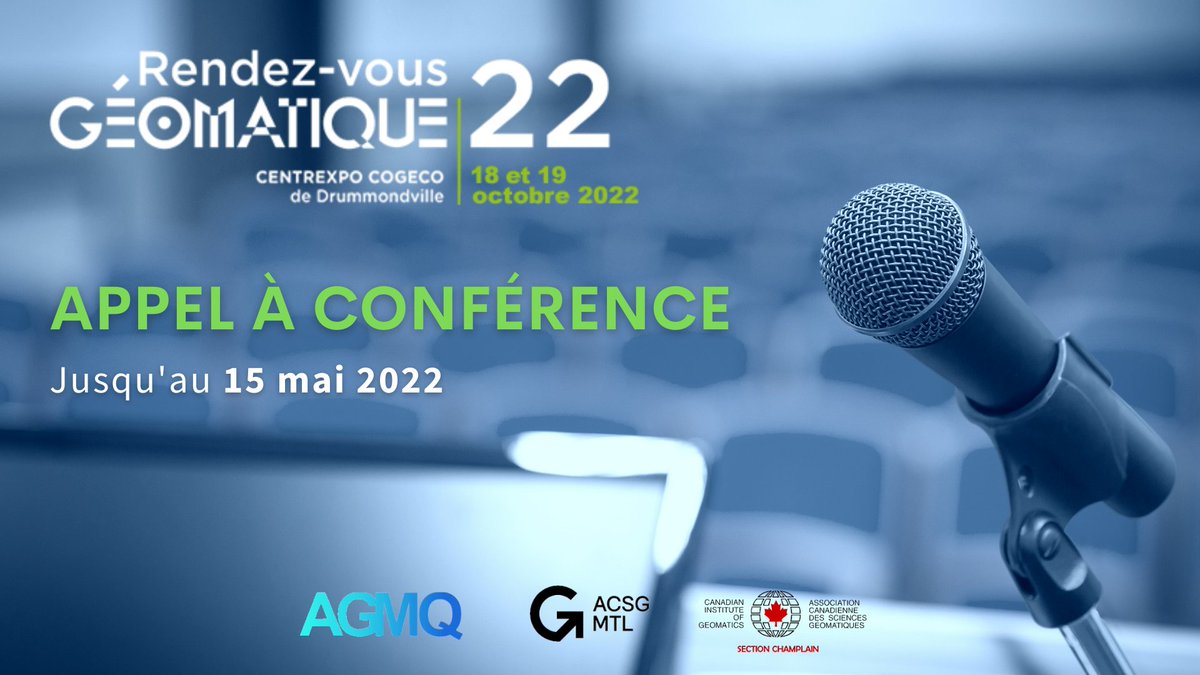 Appel à conférence | Colloque Rendez-vous Géomatique qui se tiendra les 18 et 19 octobre 2022 à Drummondville | Date limite pour soumettre une proposition de conférence : 15 mai 2022

#conférence #géomatique #municipale #réseautage

agmq.qc.ca/rendezvousgeom…