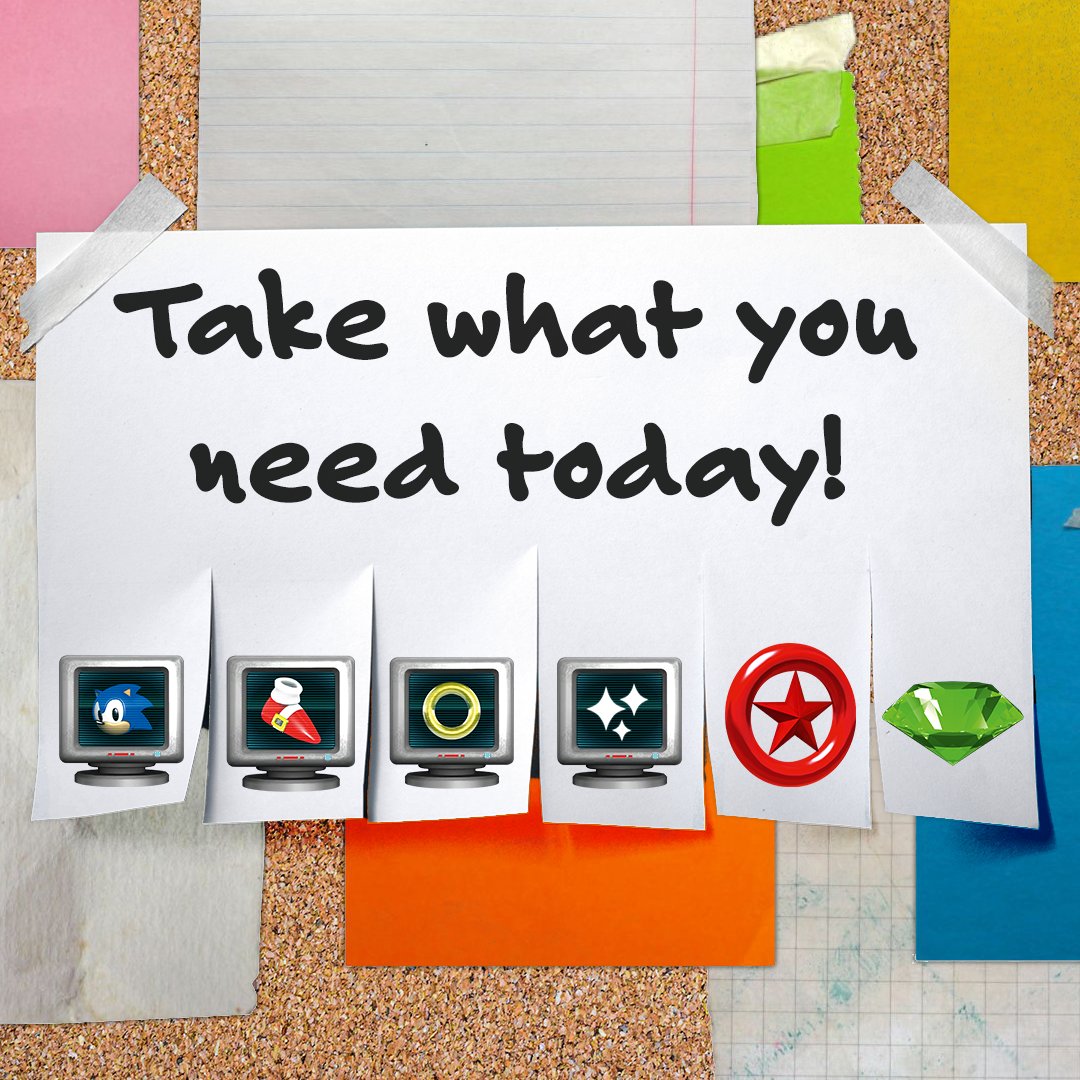Various tear-off tabs on a bulletin board that says, "Take what you need today!" and has a 1-up, Speed Shoes, Ring, Invincibility, Red Star Ring, and Chaos Emerald as options.