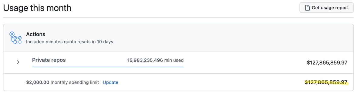 Hey <a href="/github/">GitHub</a> did you really mean to bill us for 30,000 YEARS of compute time in Actions usage? I don't think I can afford this $127 million bill.
