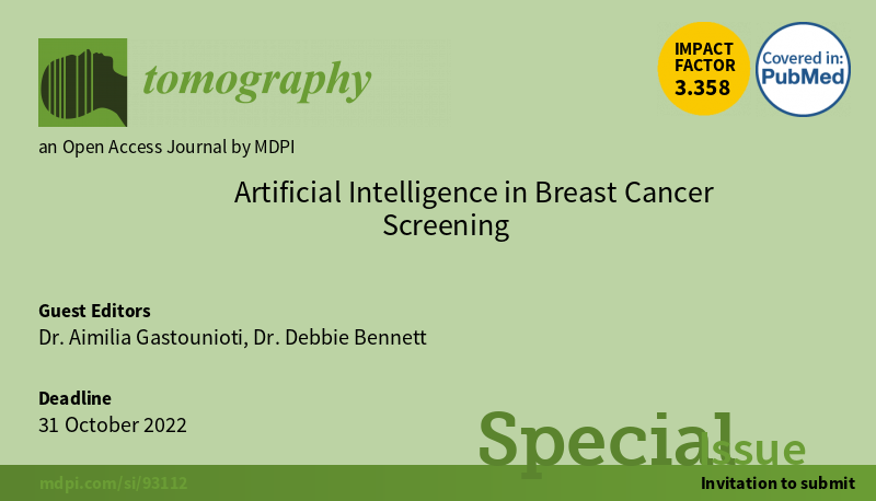 🔔We look forward to your submissions! 
Deadline: Oct. 31 2022; PM for any questions
#callforpapers #CallForSubmissions #AI #breastimaging #radiomics #deeplearning 
👉mdpi.com/si/93112  
<a href="/MDPIOpenAccess/">MDPI</a> <a href="/MIRimaging/">WashUMedMIR</a> <a href="/WUSTLmed/">Test Account</a>