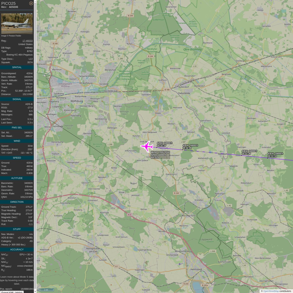 AKoeppern's tweet image. #PlaneAlert ICAO: #AE5E0E Tail: #1746033 Flt: #PICO25 
Owner: #UnitedStatesAirForce
Aircraft: #Boeing KC-46A Pegasus
2022/04/13 22:31:33
#B762 #Air2Air #Shiny #ToFlyFightAndWin en.wikipedia.org/wiki/Boeing_KC… 
globe.adsbexchange.com/?icao=AE5E0E&amp;amp;s…