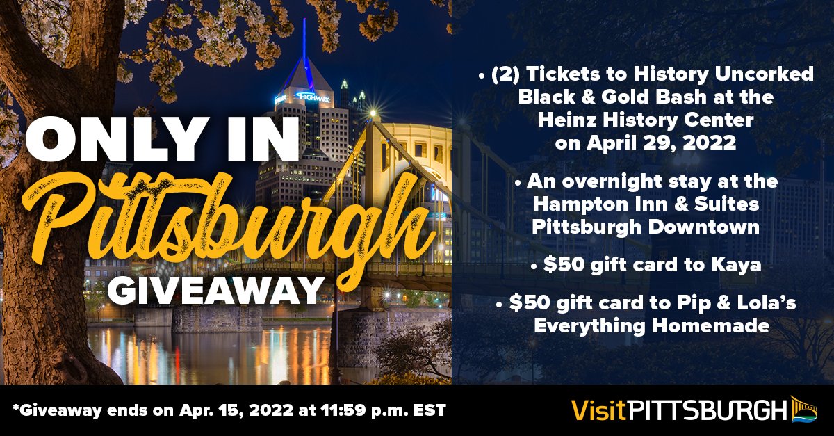 vstpgh's tweet photo. β¨GIVEAWAY ALERT! β¨
Enter to win an incredible #OnlyInPittsburgh package! ππ₯π
How to Enter:
β¨Like + retweet this post
β¨Tag someone who could use a getaway
β¨Follow our page!
Giveaway ends Apr. 15, 2022 at 11:59pm EST. T&C β‘οΈ https://t.co/DYhriXTqkm #LovePGH https://t.co/WiPAgTafEP