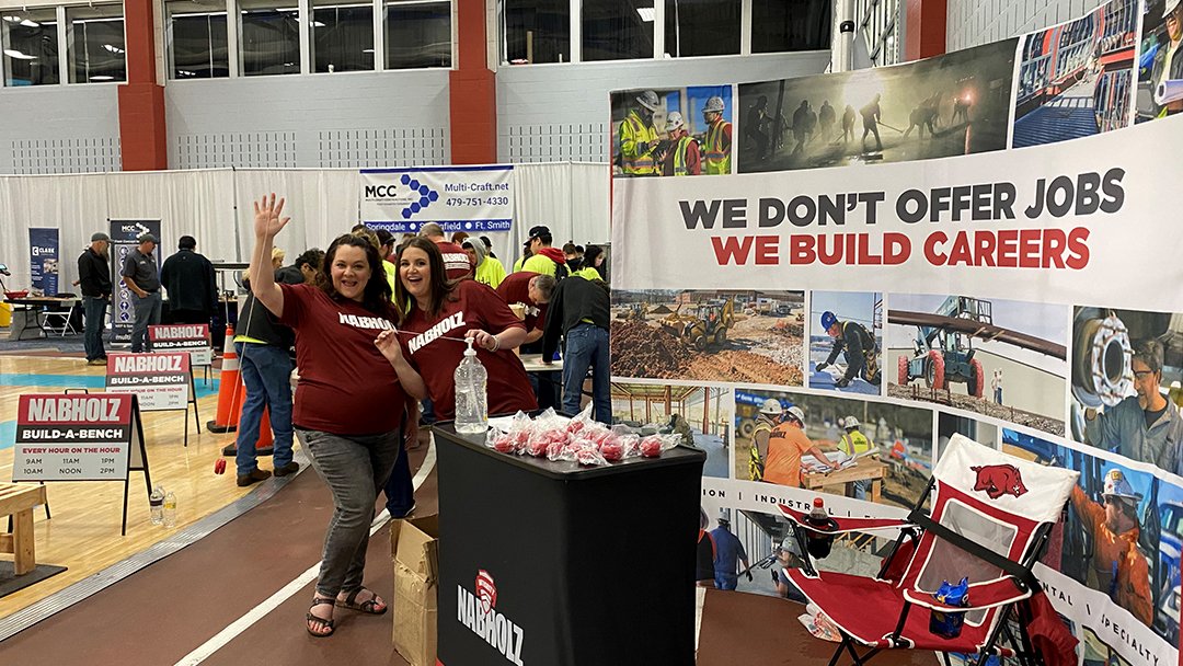 NabholzCorp's tweet photo. Our Northwest Arkansas office showed up in full force today at the Build My Future NWA event. We hosted a hands-on build a bench station, where teams of students worked with Nabholz folks to compete to build a bench in an hour. 
#nabholzcares #nabholz #nabholzcorp #buildmyfuture https://t.co/sLEEjUpGNl