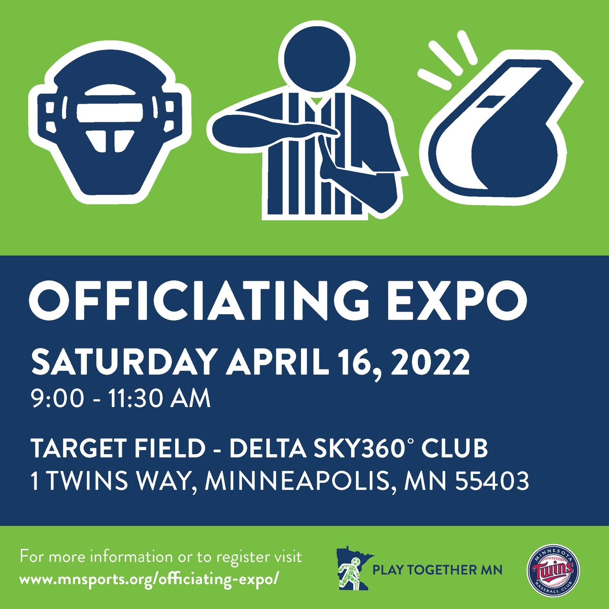 RisingStarsMN's tweet photo. The @Twins are providing tickets to the May 7 or 8 game to every Officiating Expo attendee this weekend (while the allotment of tickets lasts).

Time: 9:00-11:30AM 
Date: Saturday, April 16
Location: Target Field – Delta Sky360° Club

Registration is FREE https://t.co/01HXHb2XuU https://t.co/0k3B6NFuQh