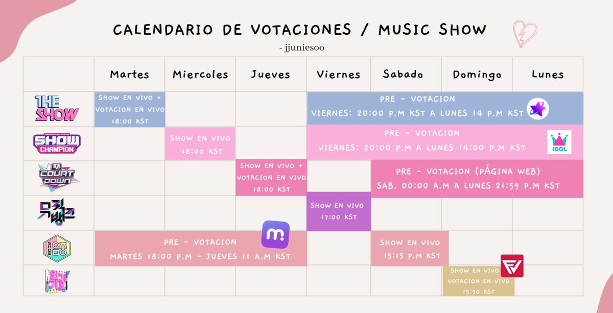 jjuniesoo's tweet photo. ︎︎︎  𓂃 calendario de music shows ! ⋆ 

  pre - votaciones, votaciones en vivo , 
  apps y los horarios de transmisión ♡

       @txt_members @txt_bighit https://t.co/0jWtBOi3YU