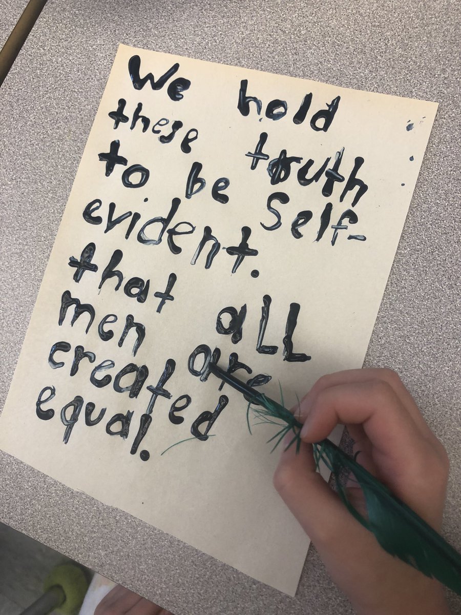 BoshersBlake's tweet photo. Today we ended our “A New Nation” domain by writing the first part of the Declaration of Independence with feathers and ink. It was a success. ❤️🤍💙 @OGEStigercubs https://t.co/42YlGbNgui
