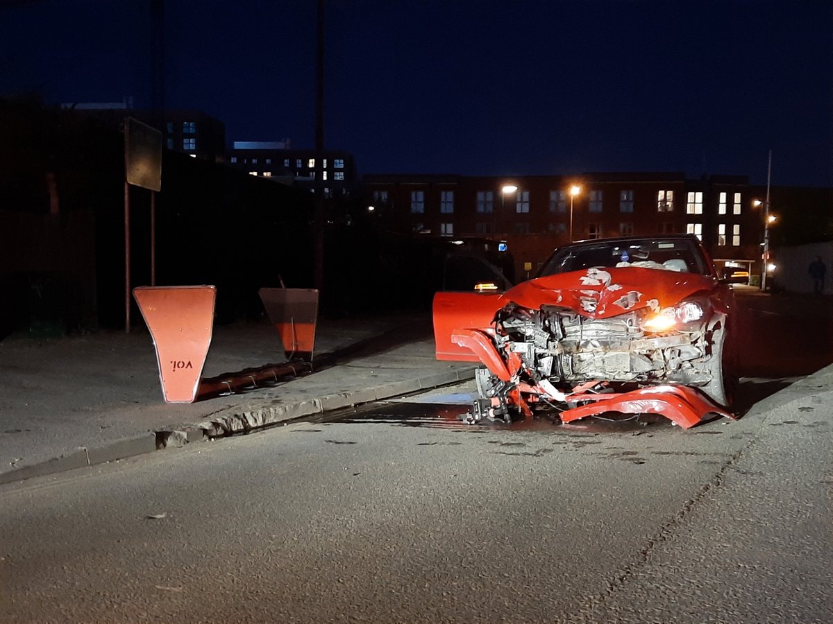 HantsPolRoads's tweet photo. The driver of this Mercedes realised his severe lack of talent all too late, oversteering on a bend before mounting the pavement, taking out a rack of e-scooters in #Southampton. He now faces a hefty insurance bill for the damage on top of prosecution! CMP1893 #27526 https://t.co/qOzT9DDm2M