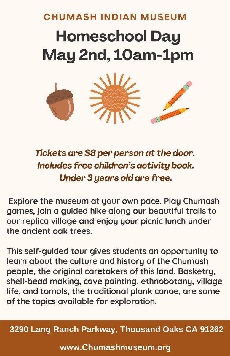 ChumashMuseum's tweet photo. Homeschool Day is back! Join us on Monday, May 2nd for a day of exploration at our museum. Join a guided hike, explore hands-on activities and games, and ask questions of our knowledgeable docents to your heart's content. $8 per person, includes kid's activity book. https://t.co/aTUvKN7ITc