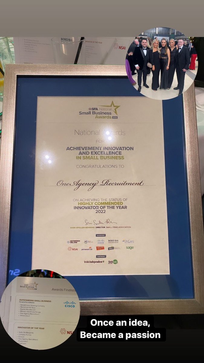 OneAgencyRe's tweet photo. Absolutely blown away to have won ‘Innovator of the Year’ award at the @SFA_Irl awards this evening! #sfaawards https://t.co/ZaiUsZMzN4