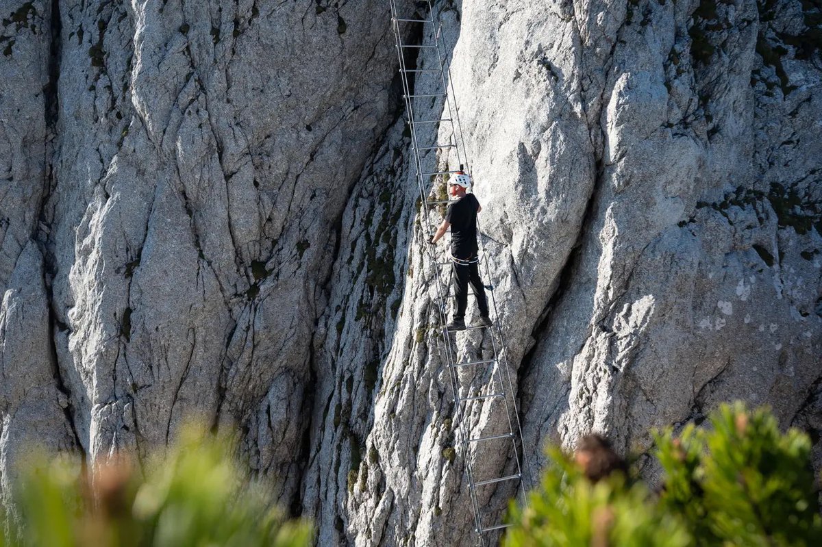 TheNorskaPaul's tweet photo. A crazy guy on a “stairway to heaven” 2,300 feet up on a 140 ft ladder😳
#MarcOffenbacher did it between two mountains other day, in the #DonnerKogel mountain range in #Gosaukamm #Austria & a very experienced climber.
📸 #SebLehrke dude 👍 https://t.co/D9bX4ArARs
