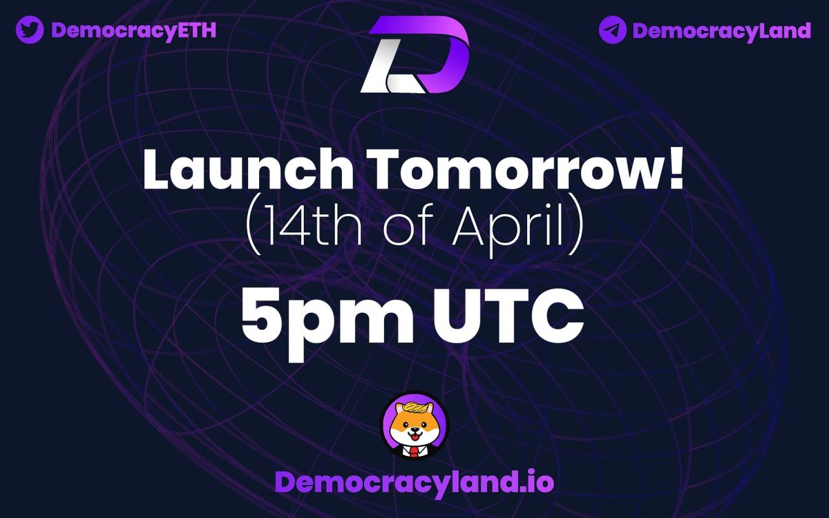 DemocracyEth's tweet photo. Community has spoken &amp; decided the official time for launch.

Tomorrow, 14th April @ 5PM UTC

🏛💯 https://t.co/2J7Z93Ueu6
