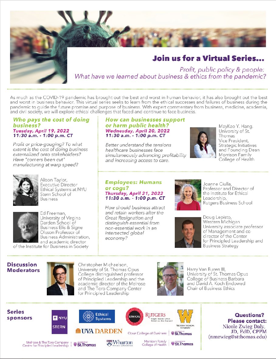 Join a Virtual Series, "Profit, public policy &amp; people: What have we learned about business &amp; ethics from the pandemic?" Especially, "Employees: Humans or cogs?" with IEL's own Dr. Joanne Ciulla on Thursday, April 21 (11:30am -1pm CT). ow.ly/i15Z50IImTf