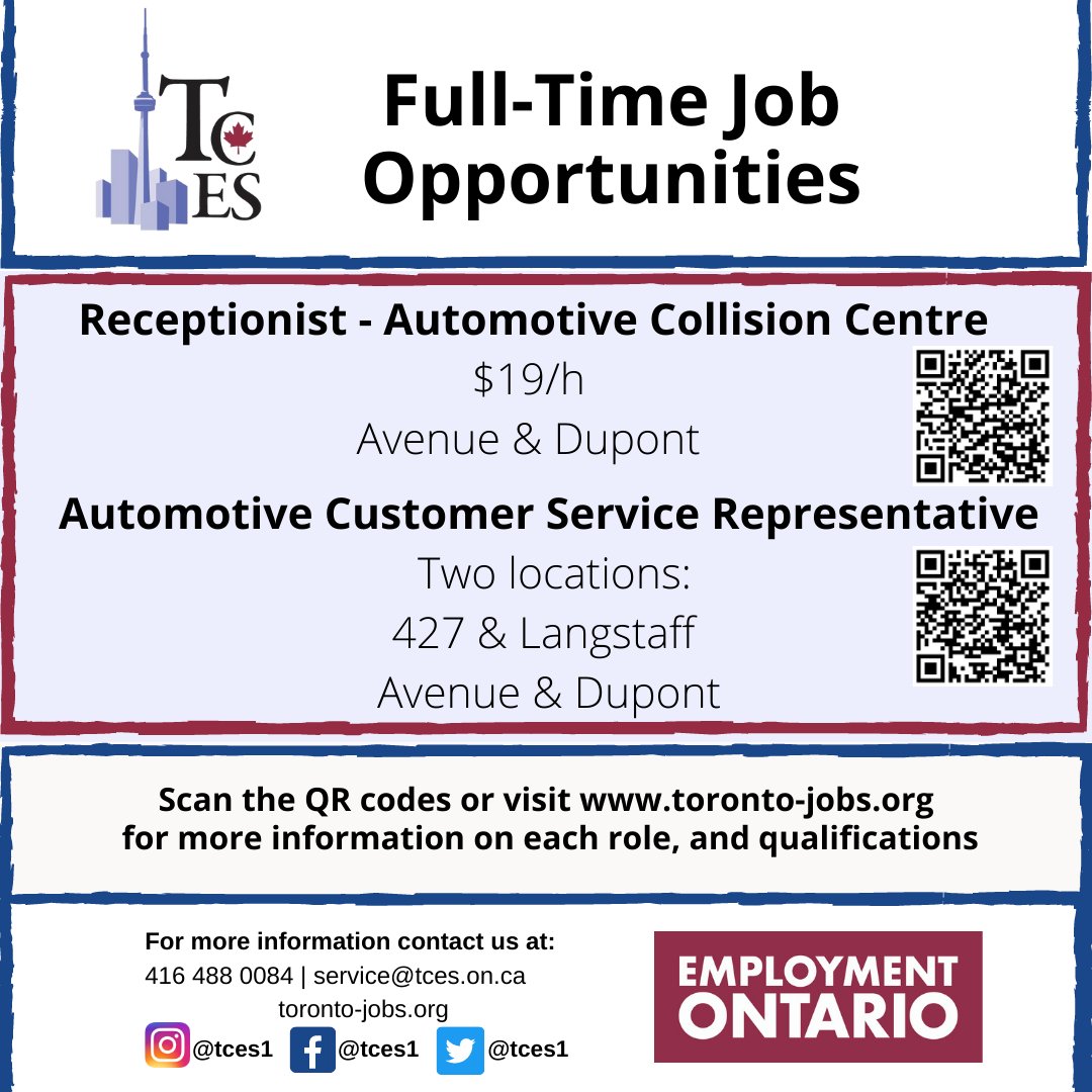 TCES1's tweet image. Looking for a full-time job? We have new full-time job opportunities available on our job board.

Check our job board on TCES website to apply for these positions or to see more opportunities.

#tces #toronto #torontojobs #employment  #findjobs   #torontojobsearch #jobsearch