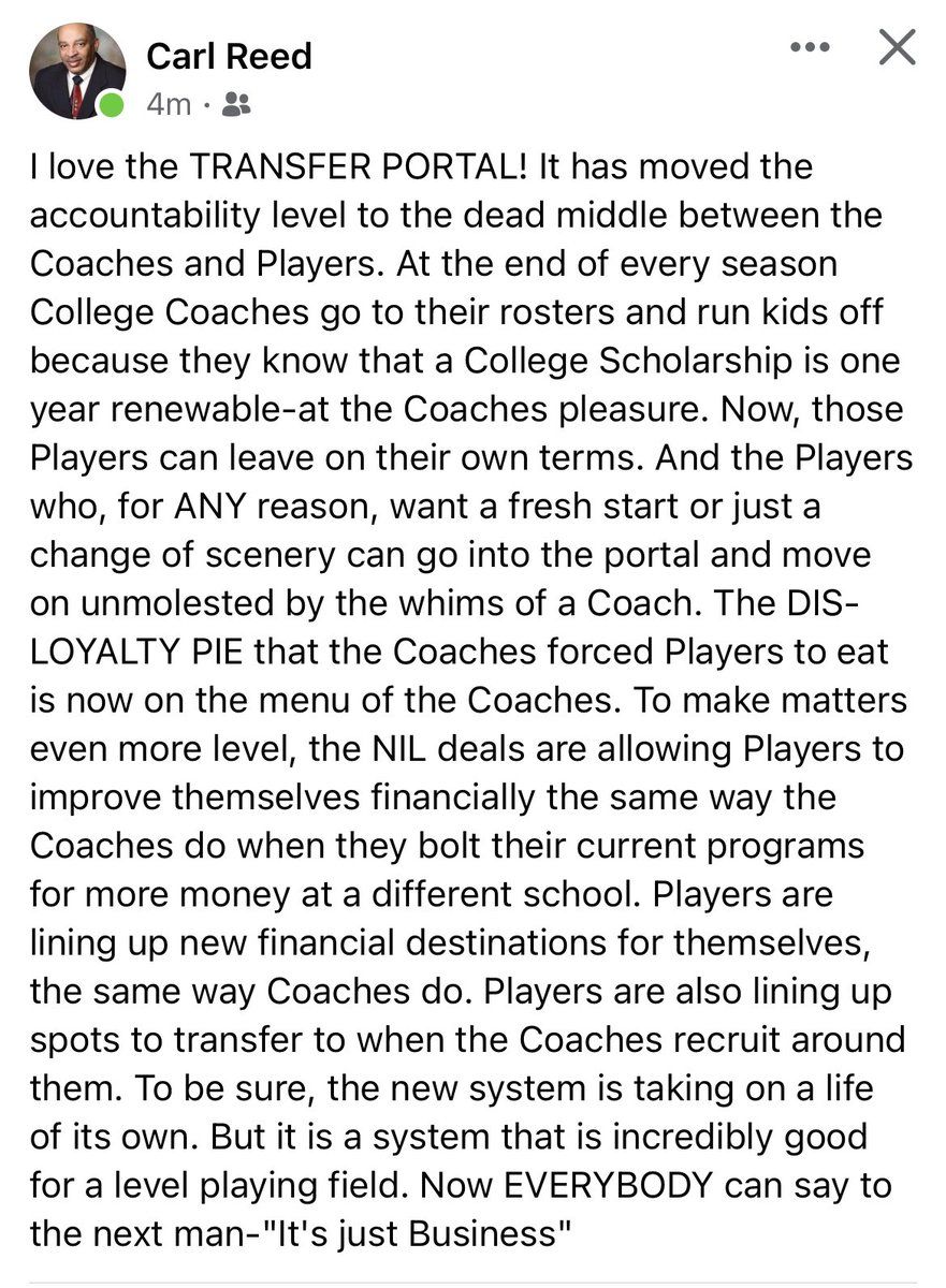 CoachReedLive's tweet photo. My dads take on the transfer portal. https://t.co/hkvj9cU3Xx