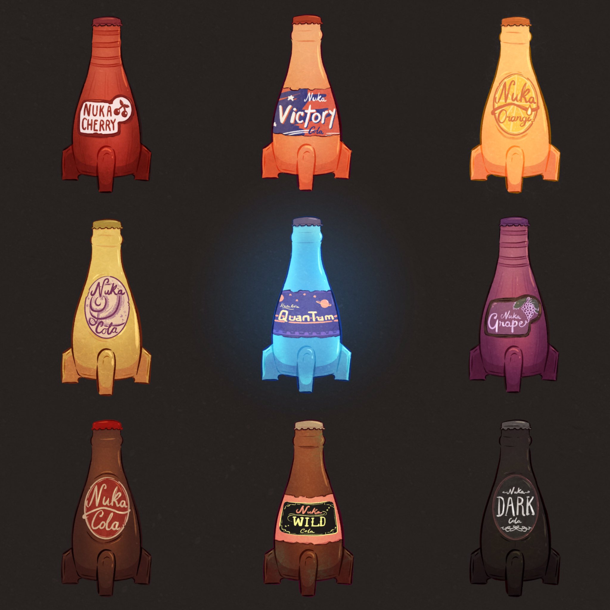 Dust-and-Marbles on X: All the Nuka cola bottles I drew for my nuka cola  sticker set✨ #illustration #digitalart #art #nukacola #fallout4 #fallout  #fanart #stickerpack  / X