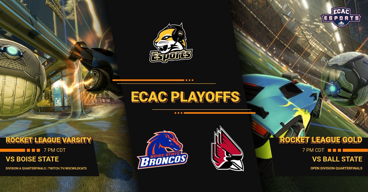 WSCEsports's tweet photo. Today we've got even more hype Rocket League to add onto yesterday's match! We've got Varsity playing against @BoiseStEsports and Gold playing against @bsuesports, both in the Top 8. Varsity's rematch from Semis at HV Gamercon is on https://t.co/PTFrUQsEDG at 7 PM CDT! #GoCats https://t.co/F7NB5n1Zip