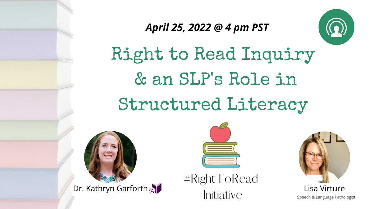 R2RInitiative's tweet photo. Next week on April 25, 2022 at 4pm, PST Dr. Kathryn Garforth and Lisa Virture a Speech & Language Pathologist will discuss the Right to Read Inquiry & an SLP's Role in Structured Literacy
Click here to register: https://t.co/HHx9crn9tE
#RightToRead #SLP #structureliteracy #role https://t.co/GfDh355Z0F