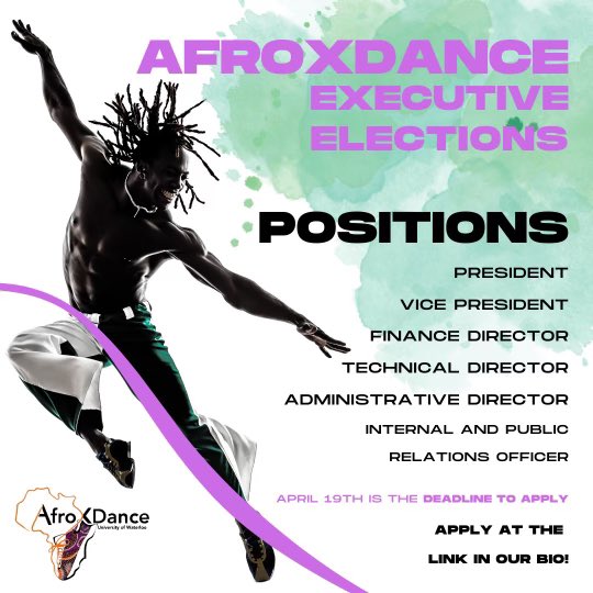 APPLY NOW FOR AFROXDANCE EXEC POSTIONS! LINK IN BIO 

APRIL 19TH IS THE DEADLINE TO APPLY

Reminder: Voting closes next Tuesday, we encourage you tell your friends to sign up for a membership, they need to be members to become an exec/vote. linktr.ee/Afroxdance