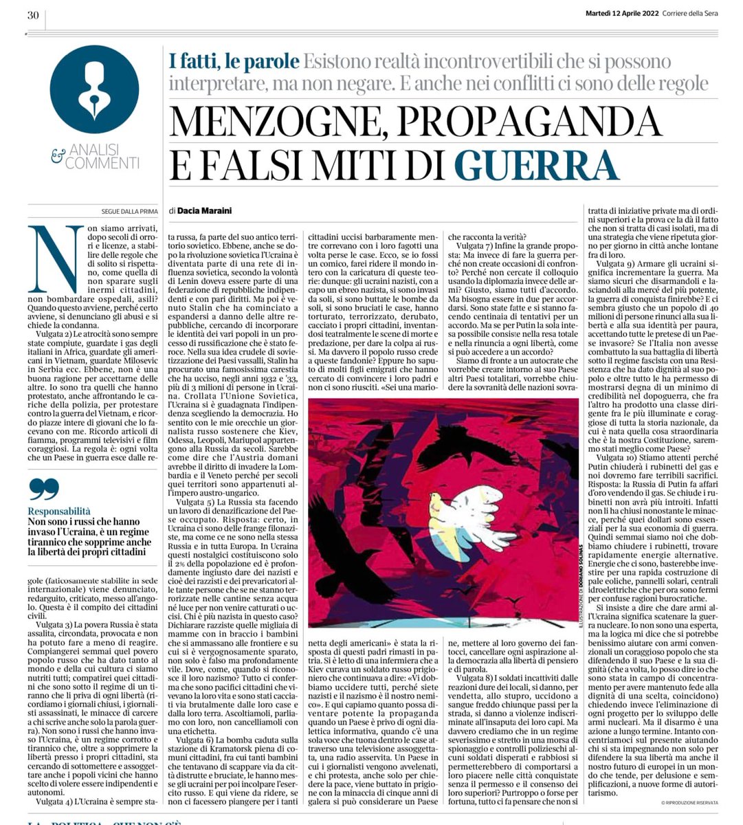 andmosconi's tweet photo. Un bellissimo articolo di Dacia Maraini che spazza via tanta banalità sulla propaganda pro Russia: "è giusto che un popolo rinunci alla sua libertà e alla sua identità per paura, accettando le pretese di un invasore?. #libertà https://t.co/AHmS9E0FOj