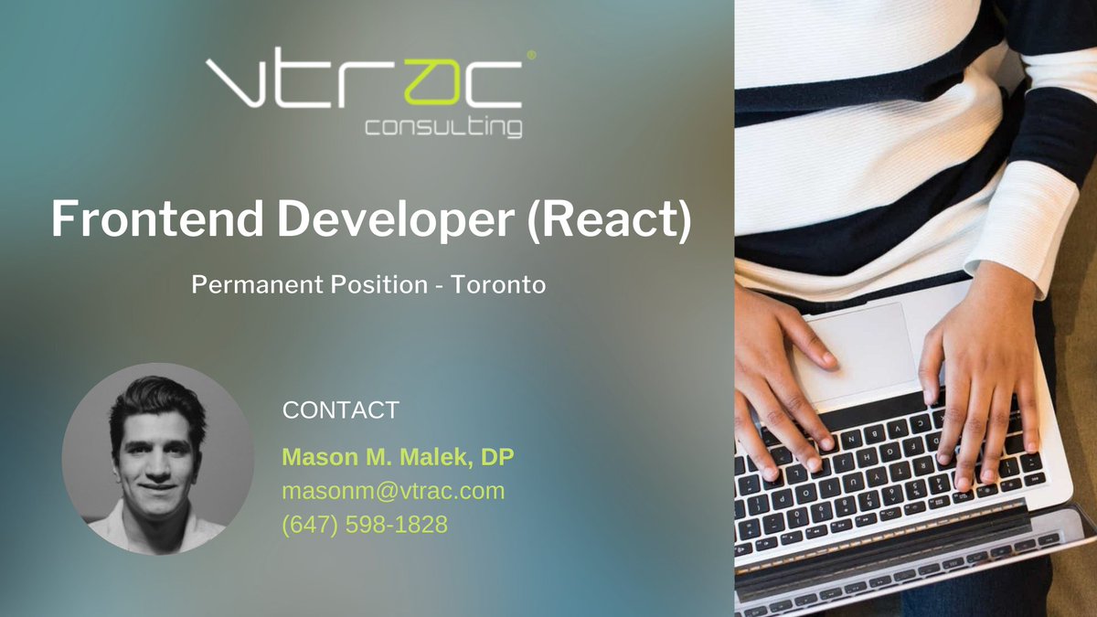 VTRACConsulting's tweet photo. For full details and role requirements follow this link: https://t.co/tN8DstHB3h

For immediate consideration please connect with Mason M. Malek, DP at  masonm@vtrac.com or call him at (647) 598-1828.

#frontenddeveloper #react #permanentposition #toronto https://t.co/QaLneAB71a