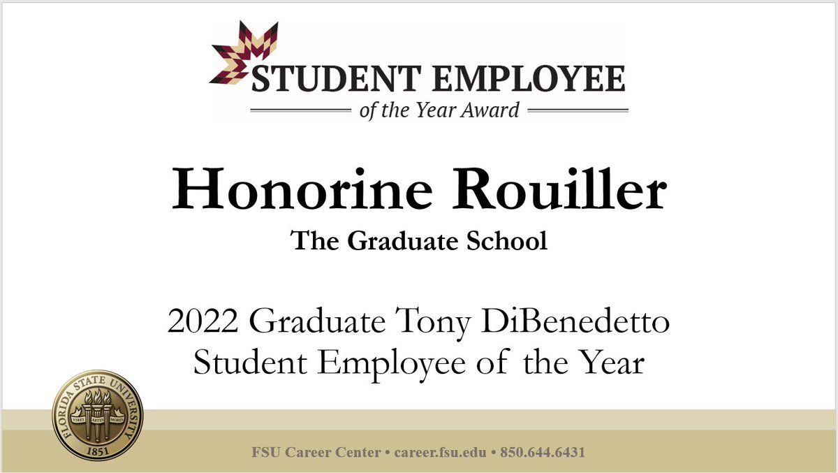 ogfafsu's tweet photo. It's National Student Employee Appreciation Week! Honorine Rouiller, PhD candidate in French &amp; Grad Assistant for the @ogfafsu was selected as the 2022 Graduate Tony DiBenedetto Student Employee of the Year (SEOTY) @FSUCareerCenter! 

#FSUGradStudent #Nolesatwork @FSUartssciences https://t.co/NI5OehnC8W