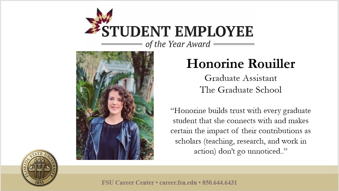 ogfafsu's tweet photo. It's National Student Employee Appreciation Week! Honorine Rouiller, PhD candidate in French &amp; Grad Assistant for the @ogfafsu was selected as the 2022 Graduate Tony DiBenedetto Student Employee of the Year (SEOTY) @FSUCareerCenter! 

#FSUGradStudent #Nolesatwork @FSUartssciences https://t.co/NI5OehnC8W