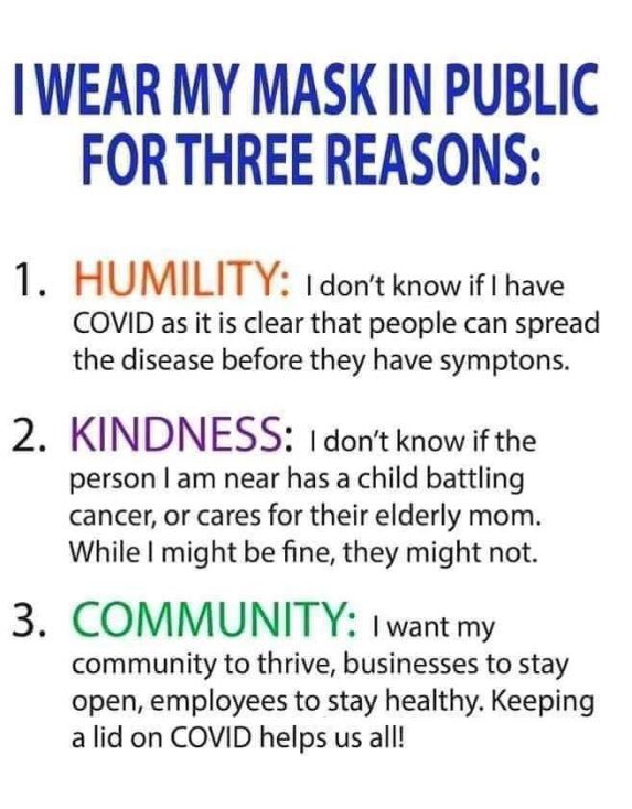 Thank you to everyone who is still wearing a mask in public. You will likely  never know the face or name of the person whose life you saved, but breaking chains of transmission still matters.