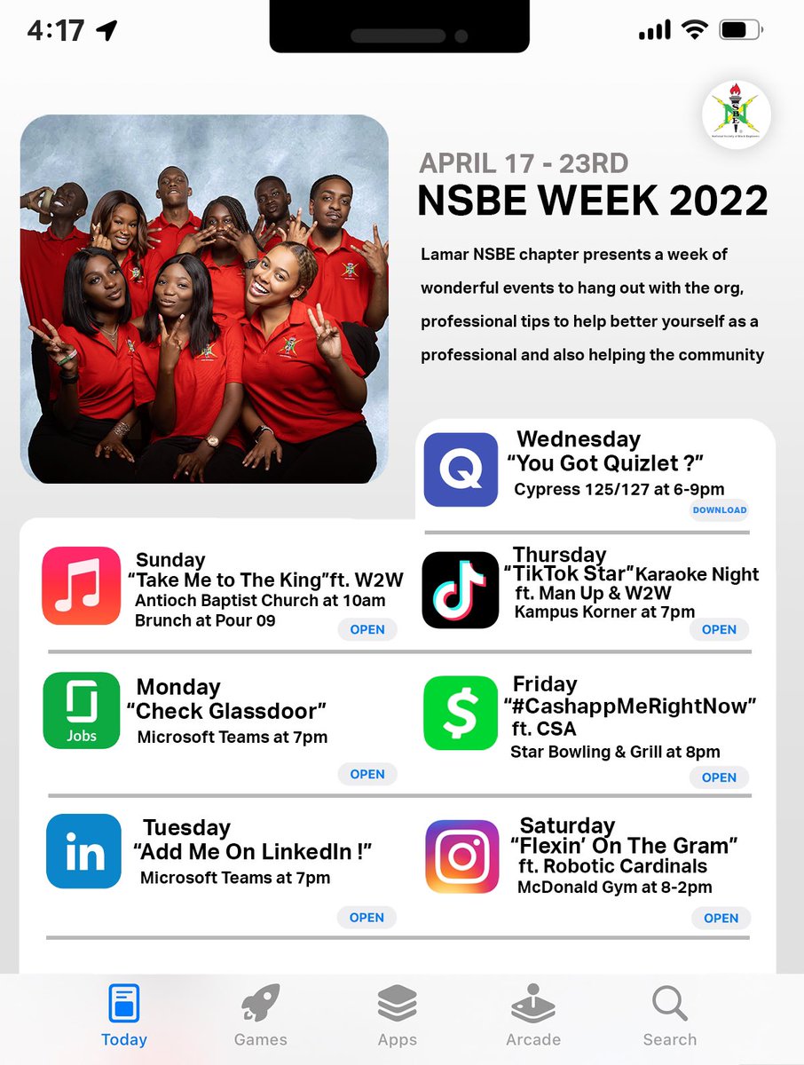 Lamar_NSBE's tweet photo. You know what time it is! It’s NSBE WEEK 2022! We can’t wait to see you at all these events! Starting this Sunday at Antioch Baptist Church @ 10:00 a.m.! See you there!‼️🔥#fivedeep #LUNSBE https://t.co/HhD1OTMzQu