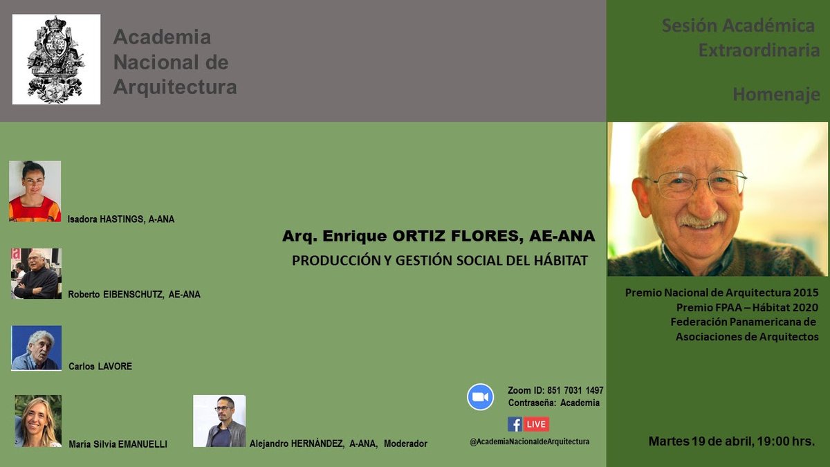 📢 | Con gran alegría l@s invitamos al homenaje a nuestro compañero Enrique Ortiz Flores, que realizará la Academia Nacional de Arquitectura de #México por sus grandes aportes y trayectoria en la producción y gestión social del hábitat. 👏🏽 🎉 (1/2)

💻  us02web.zoom.us/j/85170311497