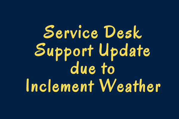 With guidance from MSU administration, the Service Desk is closed this evening, April 13, due to inclement weather. All University offices will reopen Thursday, April 14th at 8am. For weather-related updates, please go to murraystate.edu/weather/.

Be safe out there, Racers!