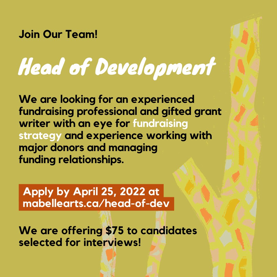 mabellearts's tweet image. We’ve been inspired by our friends @FoodShareTO and are offering $75 to candidates selected for interviews. This, along with our impressive RRSP &amp;amp; benefits package, generous vacation time, and competitive salary make us proud to work at MABELLEarts.

mabellearts.ca/head-of-dev